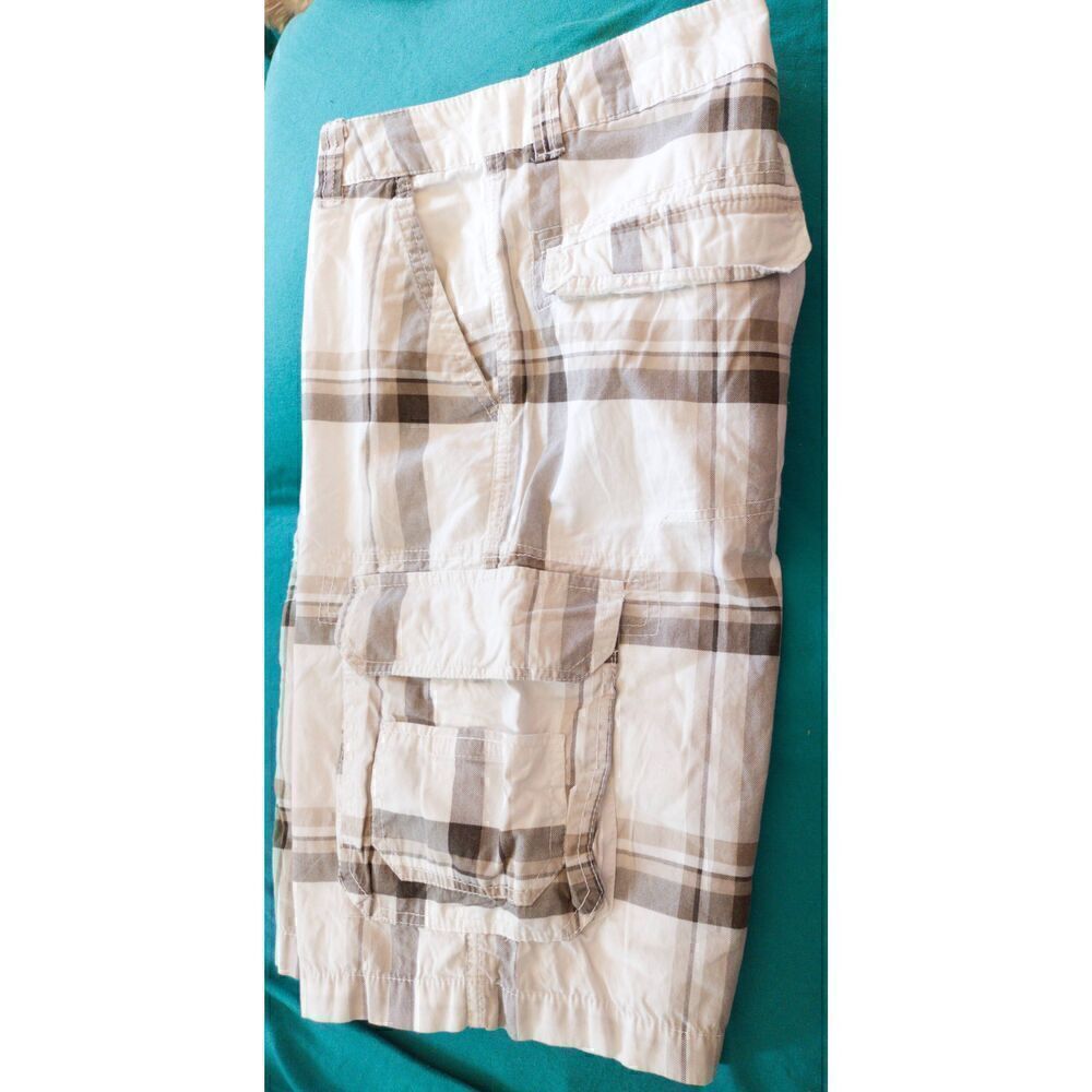💕Surplus Apparel Men's White, Brown &Tan Plaid Cargo Shorts Size 32 Length 12"